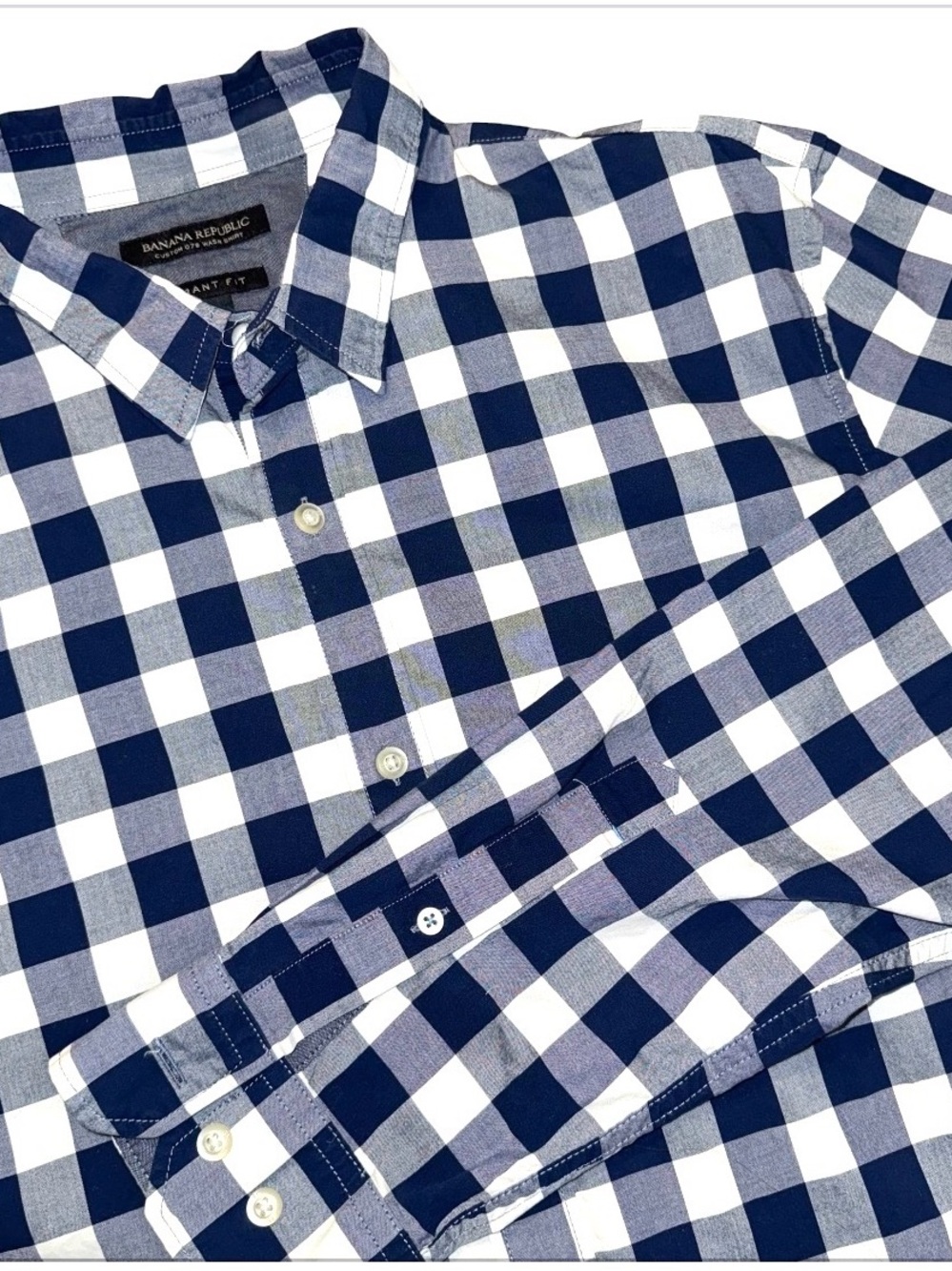 Banana Republic Men's Navy Gingham Check Button Down Shirt Grant Fit Large